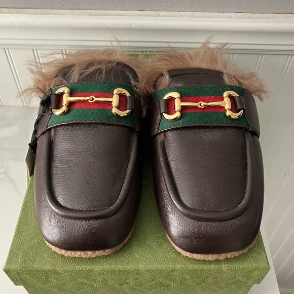 Gucci Brown Leather Fur Mules - Picture 2 of 6